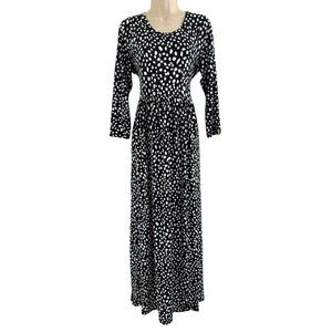 Black & White Speckled Dots Print Soft Knit Maxi Dress w/Pockets Size XL New